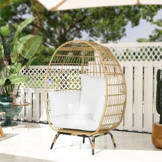 OUTSUNNY Round PE Rattan Outdoor Egg Chair with Thick Padded Cushions for Garden, Khaki