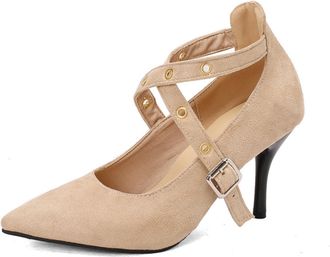Generic Womens Pointed Toe Stiletto Heel Pumps Double Crisscross Ankle Strap Buckle Closure Suede Upper Cushioned Insole Comfortable Elegant Dress Shoes,Apric