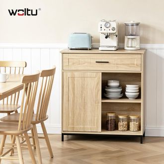 Woltu Woltu Aparador De Cocina Con 1 Puerta Corredera Y 1 Caj&oacute;n, Estante Ajustable, Roble Claro + Negro