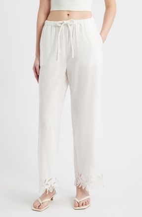 Rails Emmie Cotton & Linen Drawstring Pants in White Palm Embroidery at Nordstrom, Size X-Large