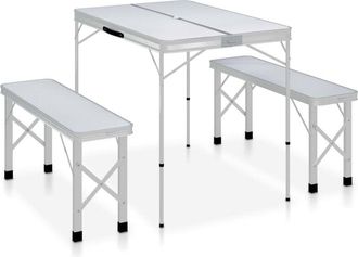 vidaXL Vidaxl - Mesa De Camping Plegable Con 2 Bancos Aluminio Blanco