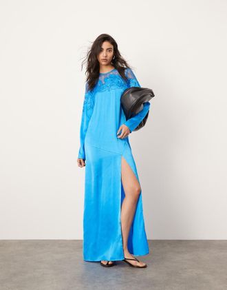 Asos Vestito lungo a colonna blu cobalto ricamato con pannello in pizzo e maniche lunghe