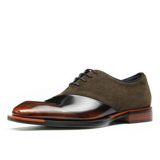 Generic Mens Lace Up Vintage Oxfords Suede & Patent Leather Office Dress Shoes Low Chunky Heel Formal Shoes,Brown2,4.5 UK