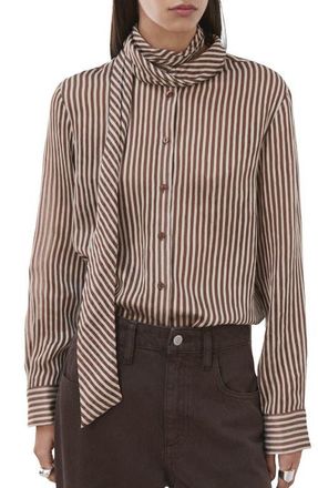 Mango Stripe Tie Neck Top in Brown at Nordstrom, Size 4