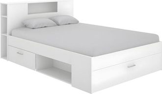 Vente-Unique Vente-unique - Letto matrimoniale alla francese con testiera portaoggetti e cassetti 140 x 190 cm Bianco - leandre