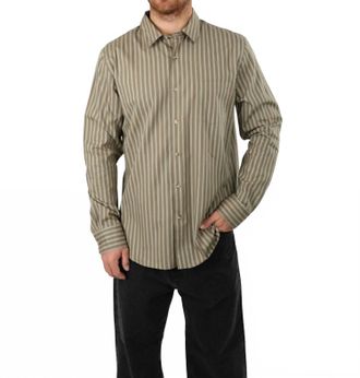 Vince Tryon Stripe French Placket Shirt In Beige