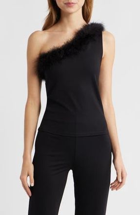 Mango Xplumi Feather Trim One-Shoulder Top in Black at Nordstrom Rack, Size Small