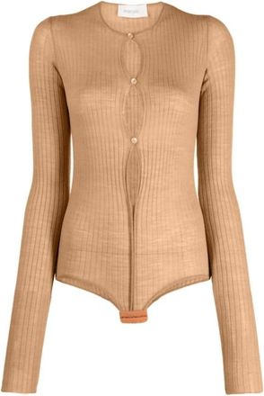 Sportmax Geribbelde Button-Up Bodysuit - Dames - Bodies - Beige - M - Wol - Tops