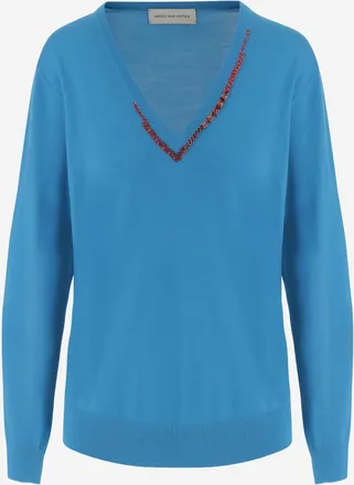 Dries Van Noten Womens Wool Sweater With Embellished V-Neck, Navy Merino