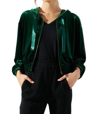 Sugarlips Everson Velvet Cropped Zip Up Hoodie In Emerald