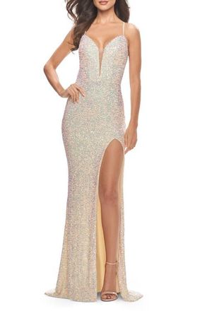 La Femme Stretch Sequin Gown with Deep V-Neck and Tie Back in Champagne at Nordstrom, Size 6