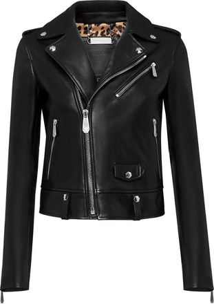Philipp Plein Jassen, Dames, Zwart, S, Leer, Leather Biker Look at Me Flame