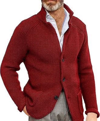 Generic Mens Cardigan Cable Knit Jumpers Stand Collar Knitted Cardigan Chunky Wool Jumper Thick Warm Sweater Coat Solid Color Button Knitwear Slim Fit Knit Ja