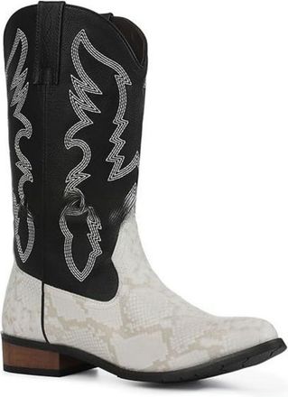 Generic Mens Flat Heel Western Cowboy Boots Pull on Mid-Calf Boots with Embroidery Stitched Round Toe PU Leather Long Boot,White,6.5 UK