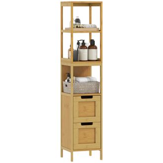 OEM Armario Alto Para Ba&ntilde;o Con 3 Estantes Y 2 Cajones De Bamb&uacute; Estilo Moderno 30x30x144,3 Cm Natural