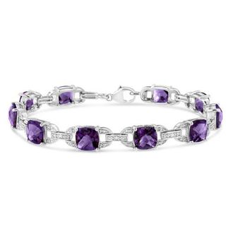 House of Brilliance Silver 7mm Cushion Cut Amethyst Gemstone and Diamond Tennis Link Bracelet in White at Nordstrom