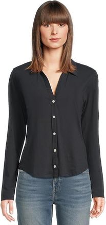 Lilla P Split Collar Button-Down Womens Clothing Navy : LG, Cotton