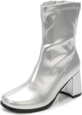 Generic Gizelle Womens Go Go Boots Mid Calf Block Heel Zipper Boot Ankle Boots Low Block Heel Short Boots Shoes (Silver Patent, uk_footwear_size_system, adult