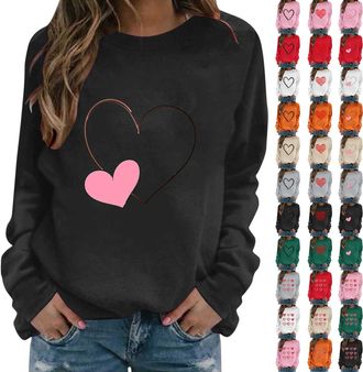 Generic Valentines Day Women Tops Long Sleeve Heart Graphic Shirt Crewneck Casual Shirts Blouse Clothes for Everyday Wear Work Travel Date Outing Holiday Stre