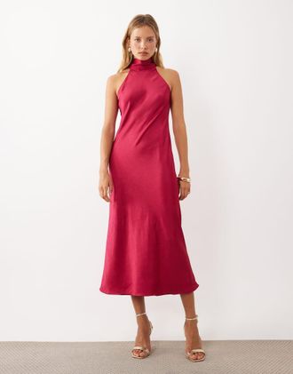 Mango vestito lungo senza maniche in raso con collo alto rosa intenso