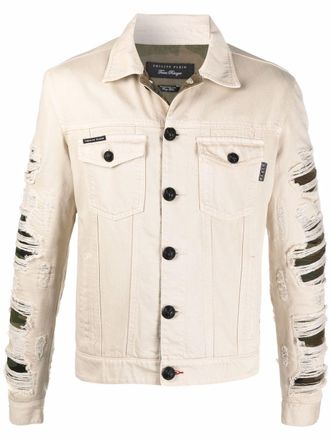 Philipp Plein ripped camouflage denim jacket - Neutrals