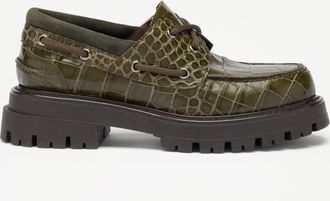 Russell & Bromley CREWE Womens Dark Green Leather Crocodile Print Lace Up Moccasin Shoe