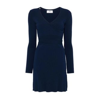 Elisabetta Franchi Blue Ribbed V-Neck Mini Dress