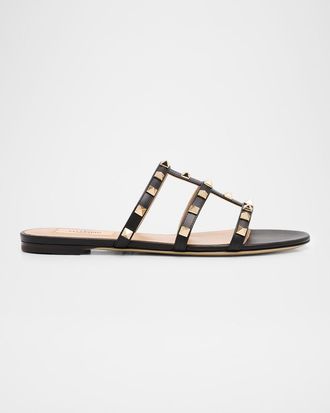 Valentino Garavani Rockstud Caged Leather Flat Slide Sandals