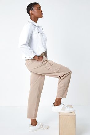 Roman Casual Elastic Waist Cropped Cargo Trousers