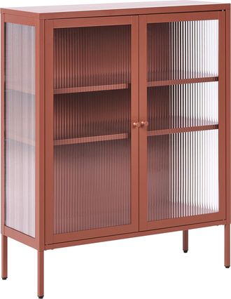 Beliani Aparador Vitrina Industrial Moderno De Acero 2 Puertas Y Elementos De Vidrio Marr&oacute;n Dorado Lerryn