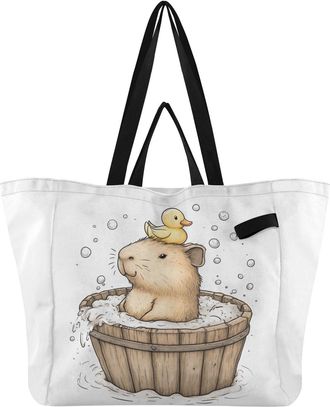 Generic Duck Capybara Bubbles White print Reusable Canvas Tote Bag, Heavy Duty Grocery Shopping Bag with Large Capacity Double Handles Hard Bottom Work Grocer
