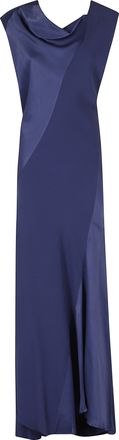 Alberta Ferretti Blue Asymmetric Cowl Neck Viscose Satin Maxi Dress