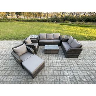 Fimous 8 Seater Rattan Wicker Garden Furniture Patio Conservatory Sofa Set with Rectangular Coffee Table 3 Seater Sofa Love Sofa Big Footstool 2 Side Tables