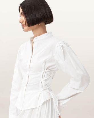 AllSaints Cotton Evanna Tie Detail High Neck Shirt, Size: UK 14/US 10