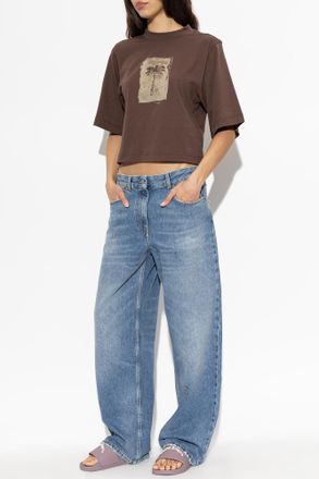 Palm Angels Printed Cotton T-shirt, Womens, Brown