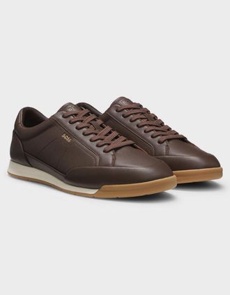 HUGO BOSS Mens BOSS Orange Nitan Mens Leather Trainers with Foil Logo - Dark Brown 201 - Size: 10