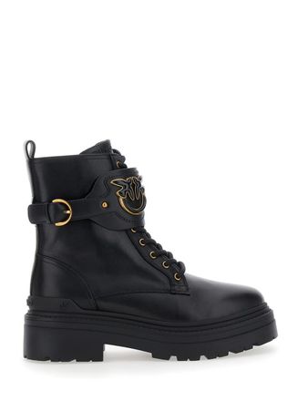 Pinko Mia Black Ankle Boots With Love Birds Diamond Cut Patch On The Front And Side Zip Closure In Leather Man