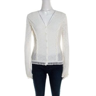 Escada Off White Multi Lace Paneled Long Sleeve Cardigan