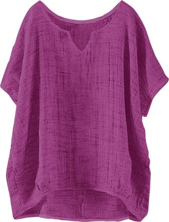 Generic 3/4 Sleeve Linen Tops for Women UK Short Sleeved Button Wedding Clothing Womens Clothes Sale Clearance Womens Summer Short Sleeve Solid Casual Loose L