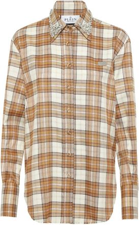 Philipp Plein Checked Oversize Shirt LS Strass Flame - Dames - Overhemden - Veelkleurig - S - Polyester - Overhemden