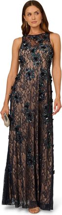 Adrianna Papell Womens Bead Lace Long Dress - Blue - Size 10 UK