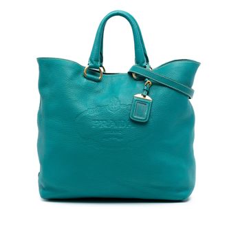 Prada Teal Vitello Daino Canapa Logo Open Convertible Tote