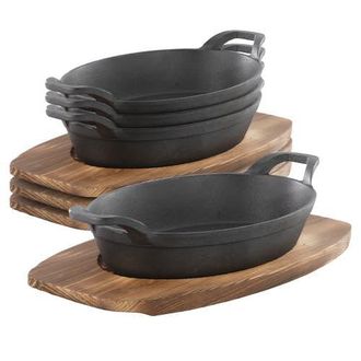 MegaChef 4 Piece Mini Cast Iron Oval Pan with Wood Tray Set in Black at Nordstrom
