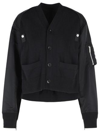 sacai Black Cotton Blend Cardigan with Ribbed Detailing and Functional Pockets