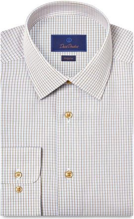 David Donahue Regular Fit Check Cotton Poplin Dress Shirt in White/Chocolate at Nordstrom, Size 15.5 - 32