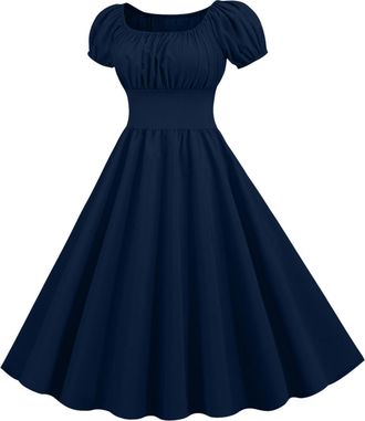 Generic Cocktail Dresses for Women UK 1950s Vintage Rockabilly Dresses Puff Short Sleeve Square Neck Solid Swing Dress Womens Prom Party 50s 60s Cocktail Dres