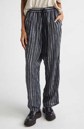 R13 Relaxed Pleated Stripe Drawstring Waist Pants in Dark Grey Wide Stripe at Nordstrom, Size X-Large