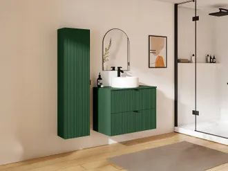 Vente-Unique Mobile per bagno sospeso con scanalature con lavabo da appoggio rotondo e colonna - Verde opaco - 80 cm - ZEVINI