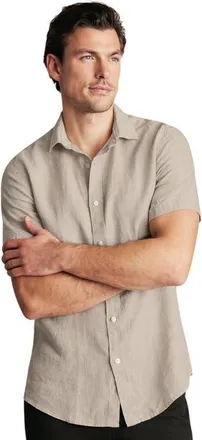 CHARLES TYRWHITT Plain Pure Linen Short Sleeve Shirt in Oatmeal at Nordstrom, Size Xx-Large
