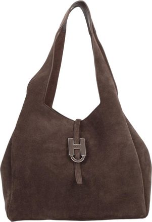 Hogan Spacious Calfskin Suede Shopping Bag with Metallic H Buckle